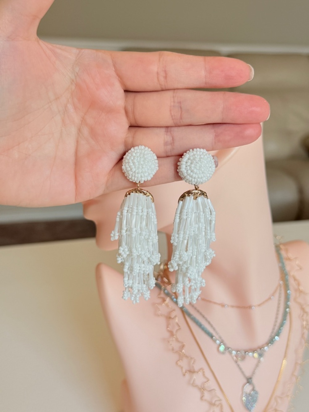 White Beaded Tassel Drop Earrings - Picture 9 of 12